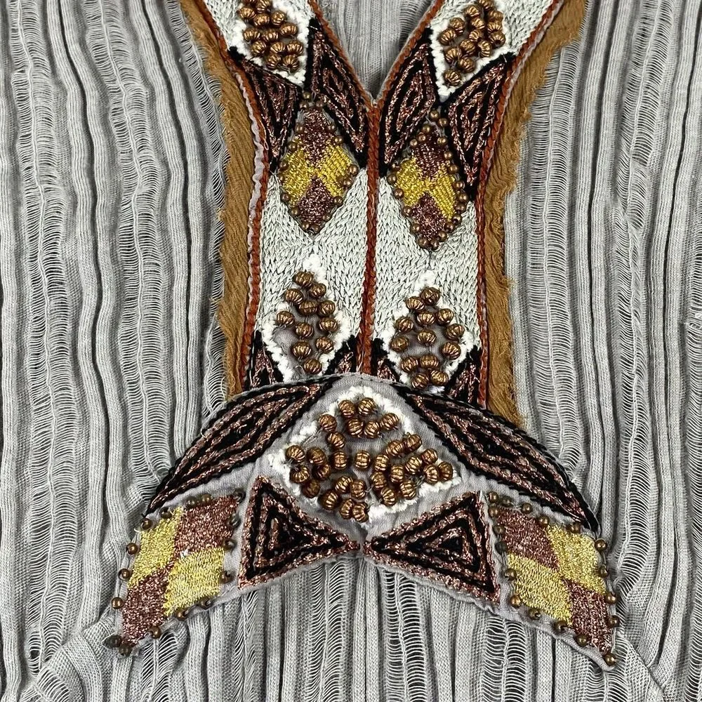 Free People Silver Sheer Sleeveless Shirt Tunic Beaded Collar Size‎ S/P Tribal